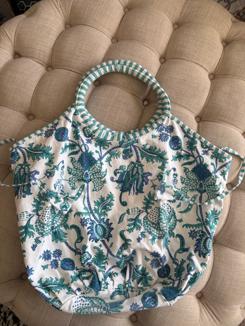 Roller Rabbit Teal & Blue Floral Round-Handle Canvas Tote